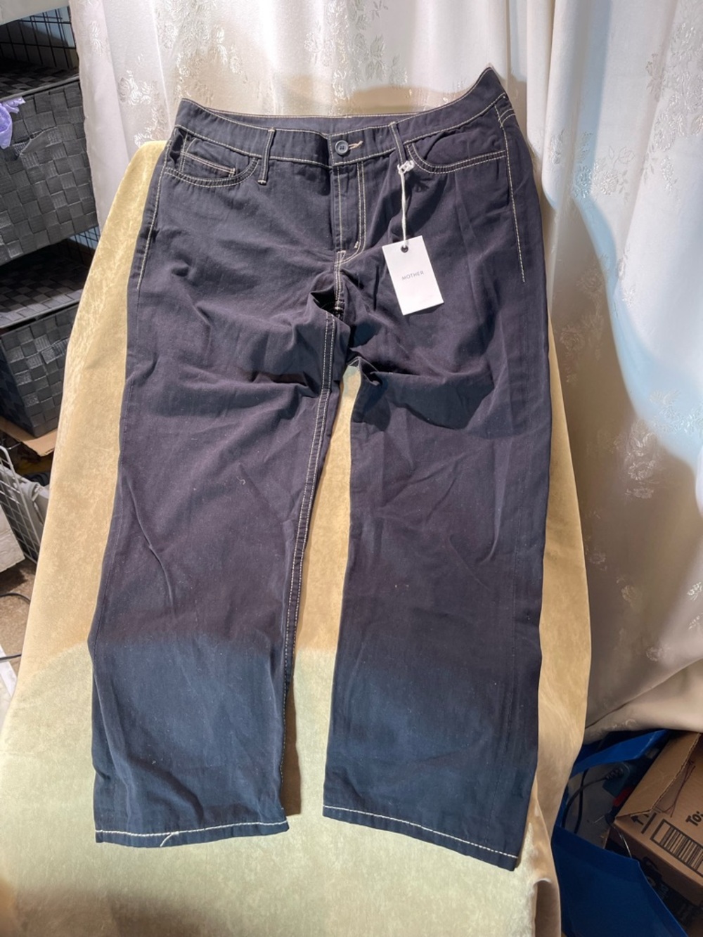 Mother Dark Denim Blue Wide-Leg Gaucho Cropped Jeans with Contrast Stitching